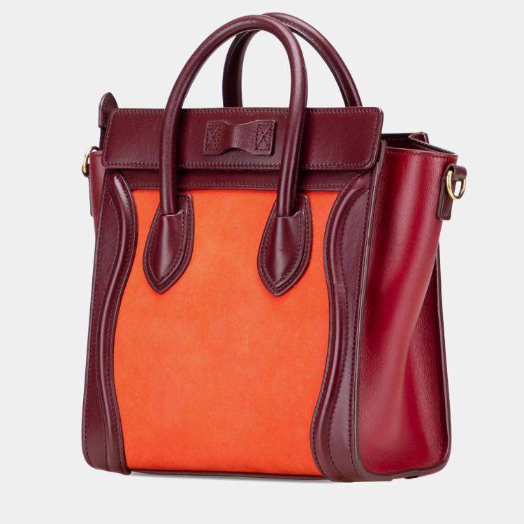 Pre Owned Celine Orange Red Nano Bicolor Suede and Calfskin Luggage Tote