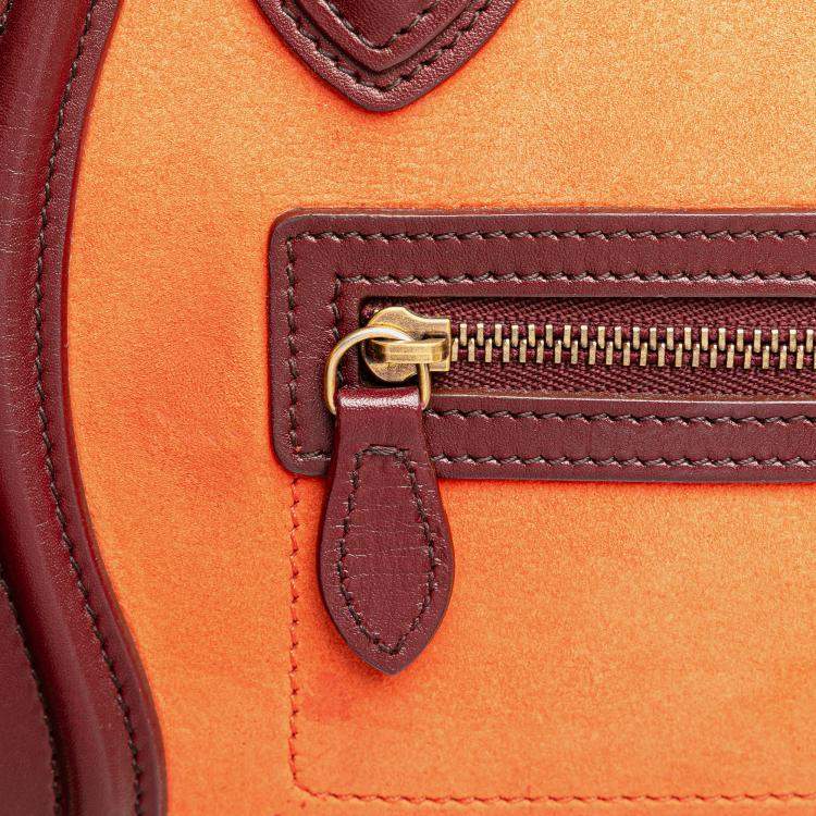 Pre Owned Celine Orange Red Nano Bicolor Suede and Calfskin Luggage Tote