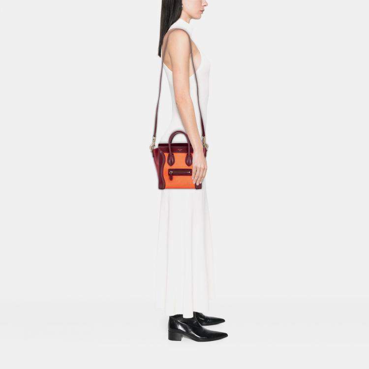 Pre Owned Celine Orange Red Nano Bicolor Suede and Calfskin Luggage Tote