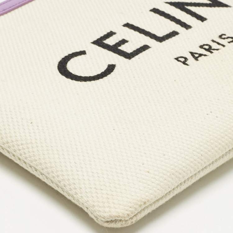 Pre Owned Celine Beige/Lilac Canvas and Leather Logo Wristlet Clutch