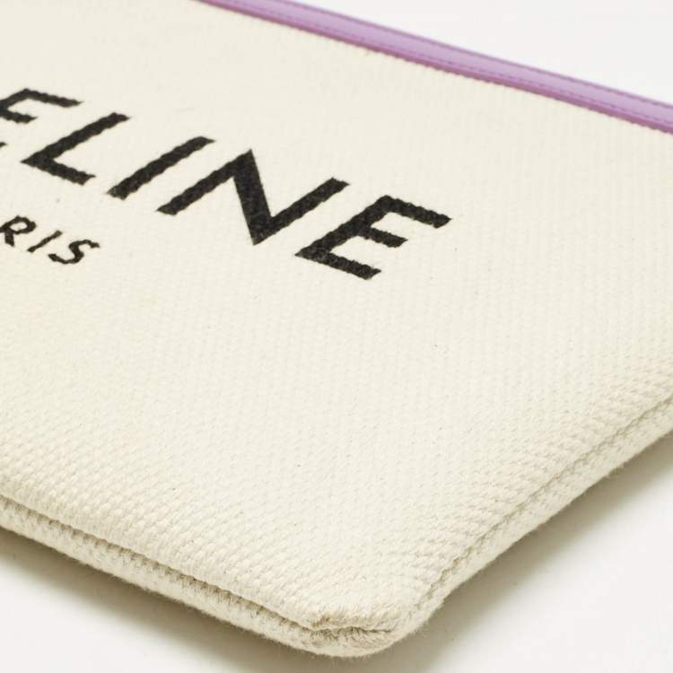 Pre Owned Celine Beige/Lilac Canvas and Leather Logo Wristlet Clutch