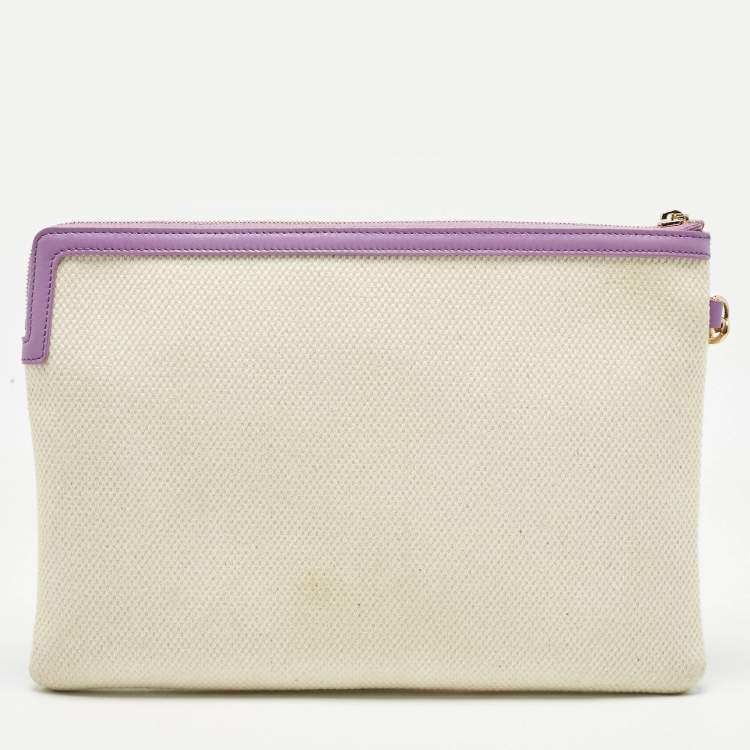 Pre Owned Celine Beige/Lilac Canvas and Leather Logo Wristlet Clutch