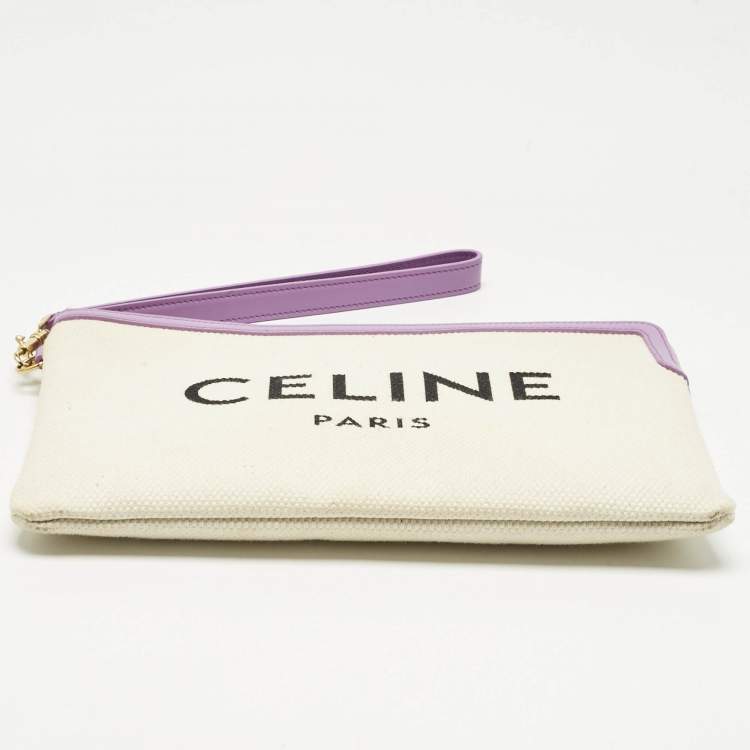 Pre Owned Celine Beige/Lilac Canvas and Leather Logo Wristlet Clutch