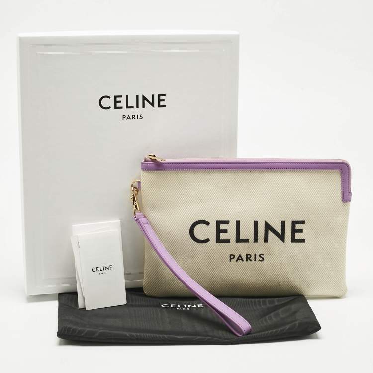 Pre Owned Celine Beige/Lilac Canvas and Leather Logo Wristlet Clutch