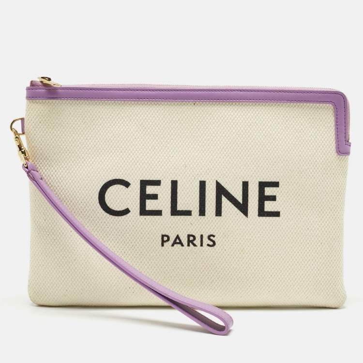 Pre Owned Celine Beige/Lilac Canvas and Leather Logo Wristlet Clutch