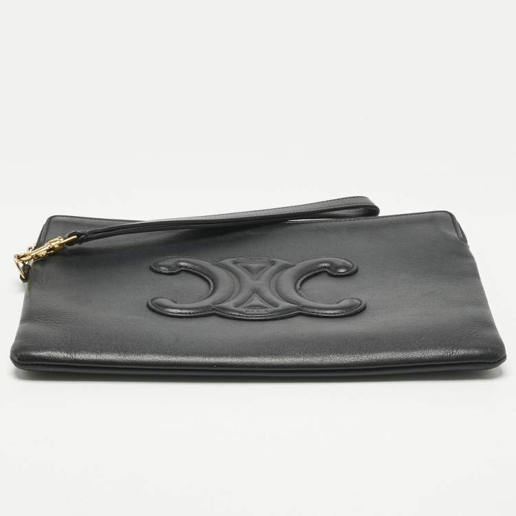 Pre Owned Celine Black Leather Triomphe Wristlet Clutch