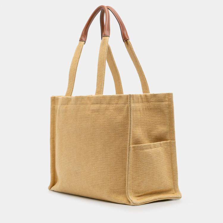 Pre Owned Celine Beige Brown Large Raffia Cuir Triomphe Cabas Thais Tote