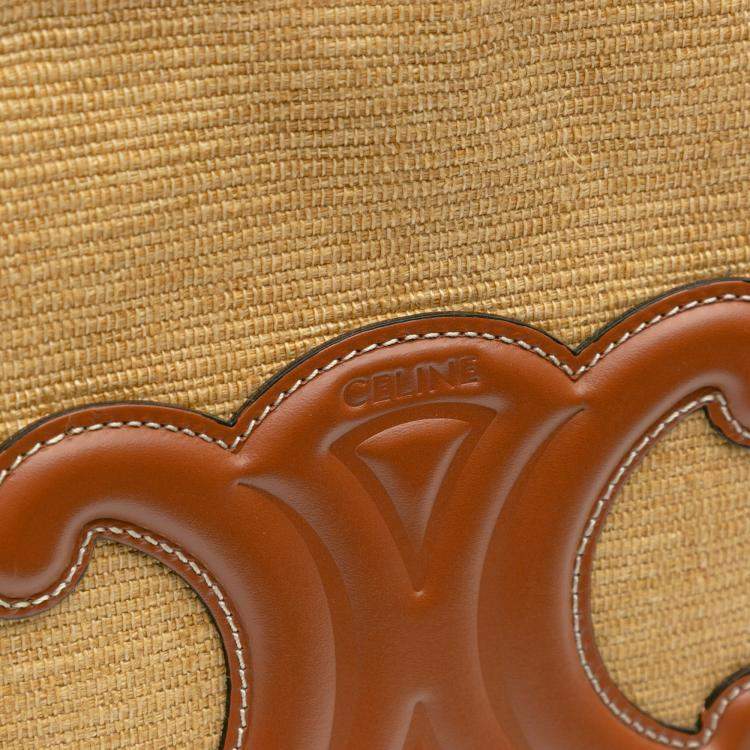 Pre Owned Celine Beige Brown Large Raffia Cuir Triomphe Cabas Thais Tote
