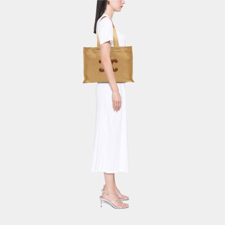 Pre Owned Celine Beige Brown Large Raffia Cuir Triomphe Cabas Thais Tote