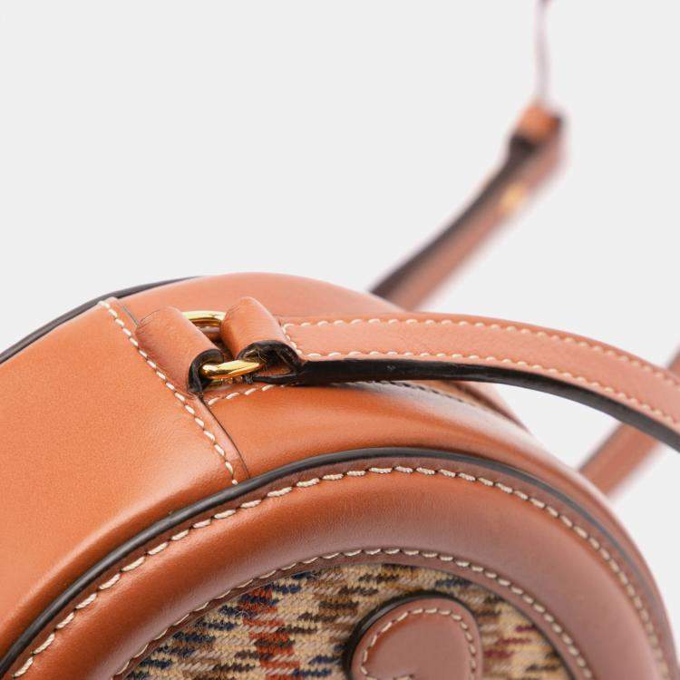 Pre Owned Celine Brown Small Houndstooth Canvas and Calfskin Cuir Triomphe Oval Crossbody