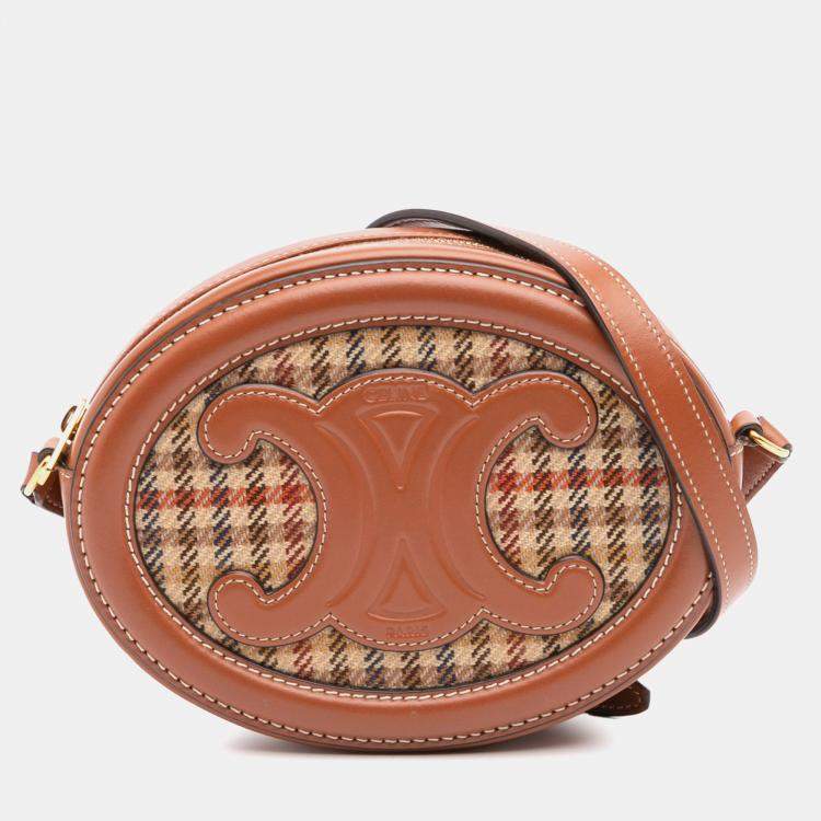 Pre Owned Celine Brown Small Houndstooth Canvas and Calfskin Cuir Triomphe Oval Crossbody