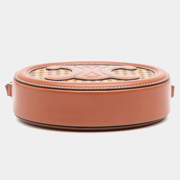 Pre Owned Celine Brown Small Houndstooth Canvas and Calfskin Cuir Triomphe Oval Crossbody