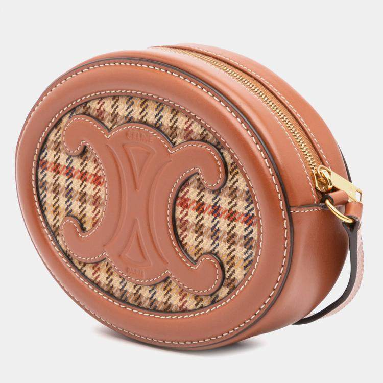 Pre Owned Celine Brown Small Houndstooth Canvas and Calfskin Cuir Triomphe Oval Crossbody