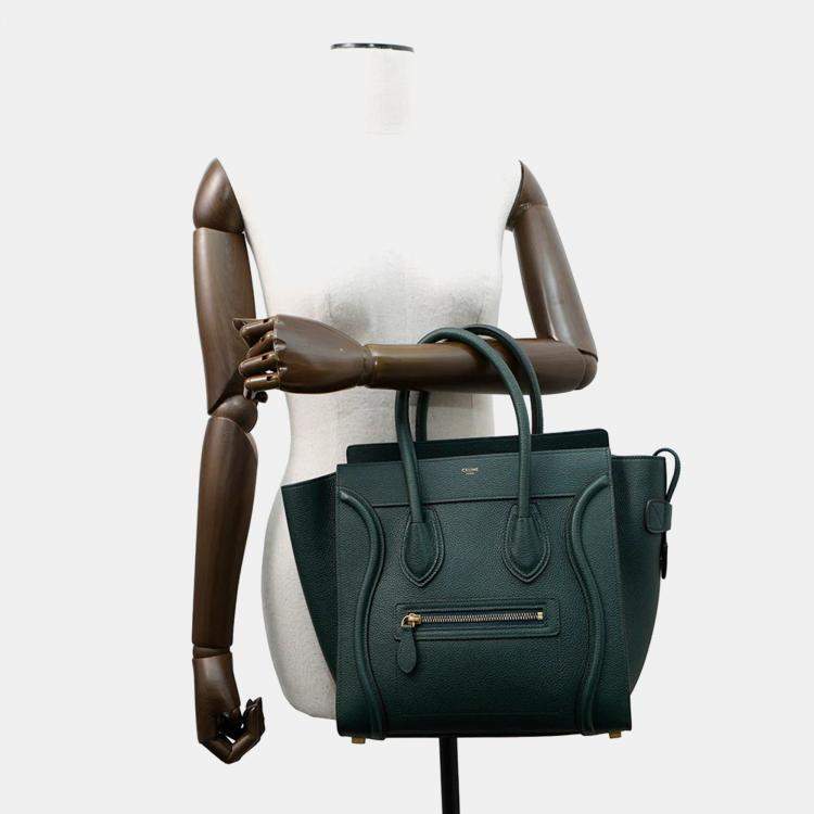 Pre Owned Celine Luggage Shopper Micro Dark Green Leather Handbag