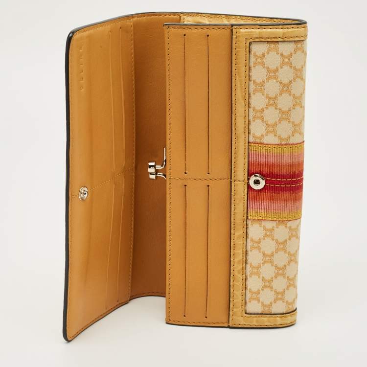 Pre Owned Celine Orange/Yellow Macadam Print Fabric and Croc Embossed Leather Flap Continental Wallet