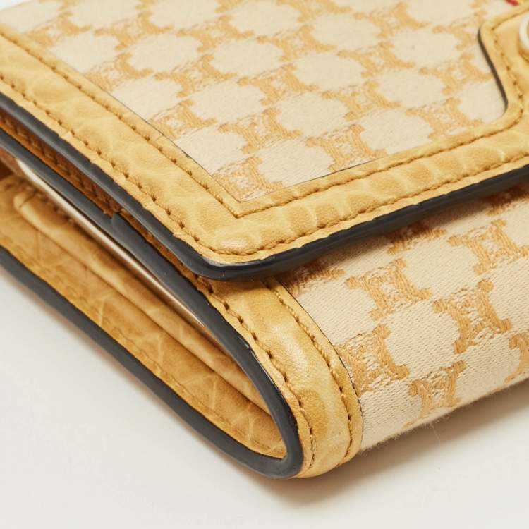 Pre Owned Celine Orange/Yellow Macadam Print Fabric and Croc Embossed Leather Flap Continental Wallet