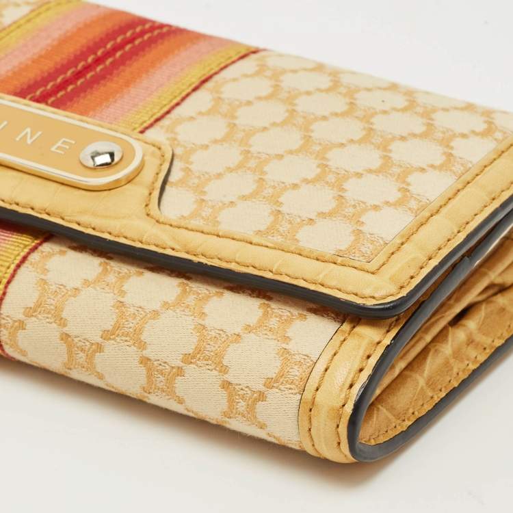 Pre Owned Celine Orange/Yellow Macadam Print Fabric and Croc Embossed Leather Flap Continental Wallet