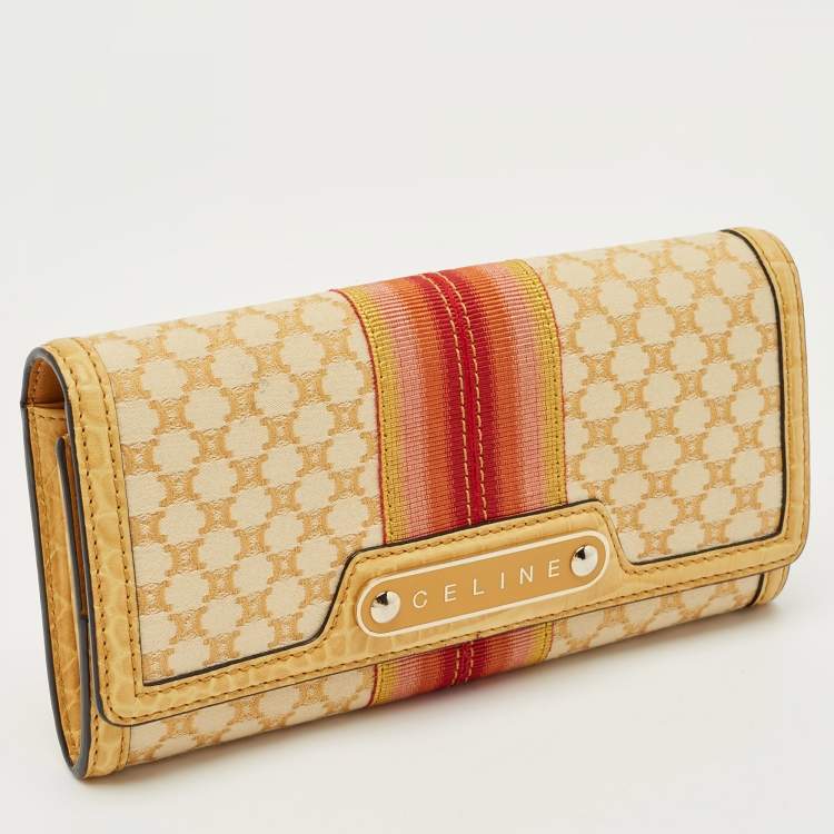 Pre Owned Celine Orange/Yellow Macadam Print Fabric and Croc Embossed Leather Flap Continental Wallet