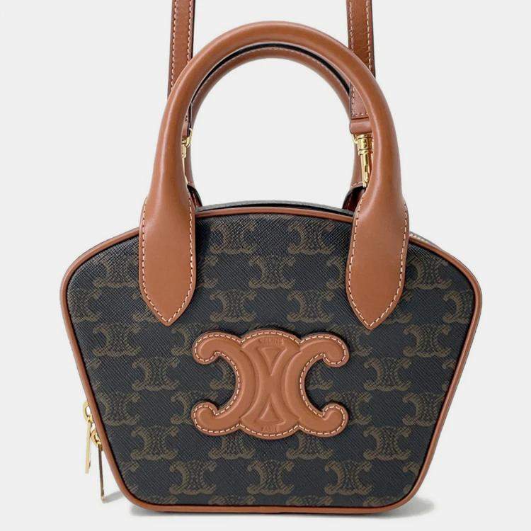 Pre Owned Celine Triomphe Tan PVC Leather Mini 2-Way Bowling Bag