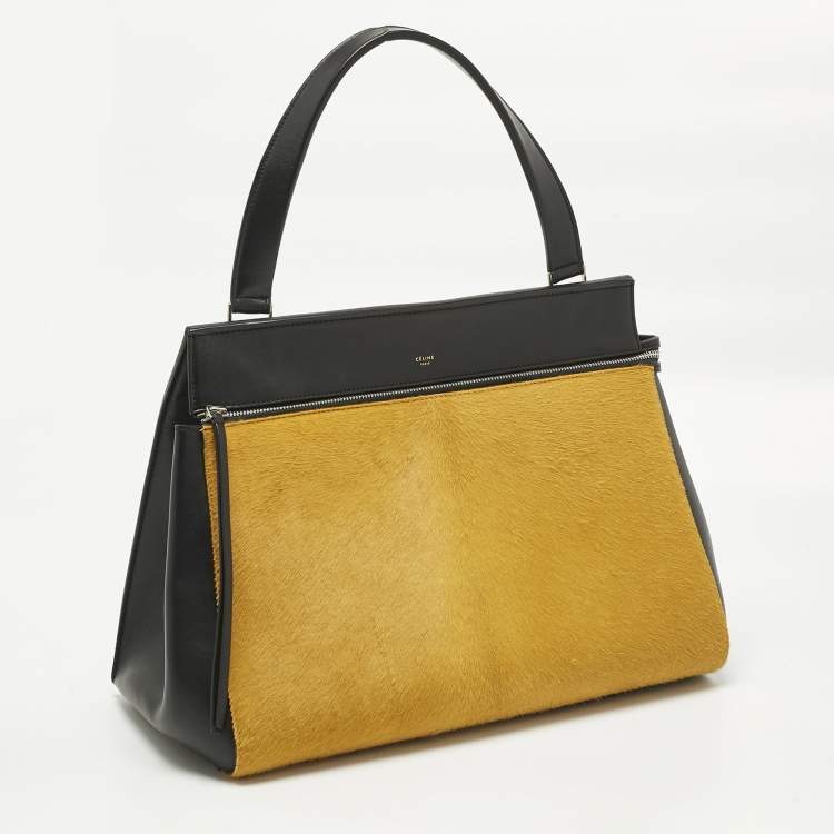 Pre Owned Celine Yellow/Black Calf Hair and Leather Large Edge Top Handle Bag