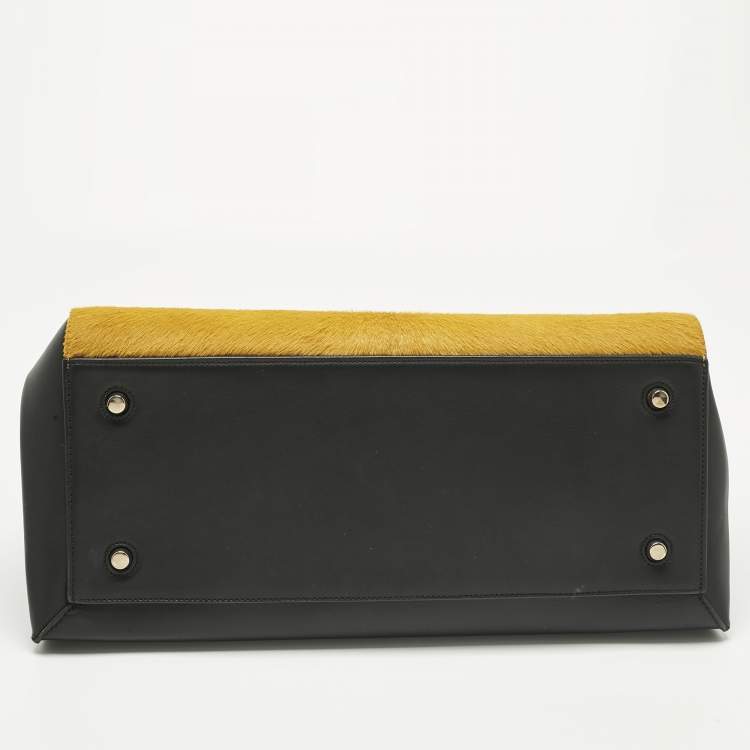 Pre Owned Celine Yellow/Black Calf Hair and Leather Large Edge Top Handle Bag