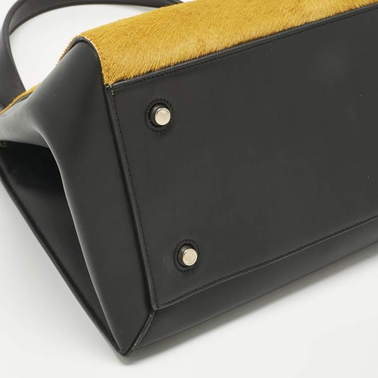 Pre Owned Celine Yellow/Black Calf Hair and Leather Large Edge Top Handle Bag
