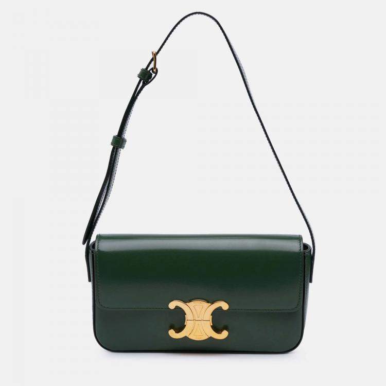 Pre Owned Celine Green Shiny Calfskin Claude Shoulder Bag