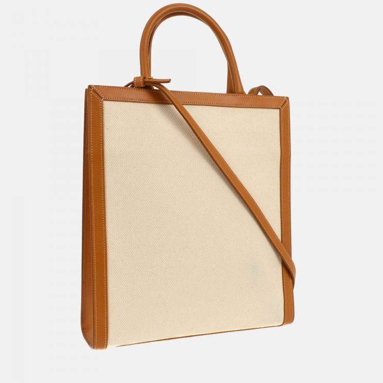 Pre Owned Celine White Brown Vertical Cabas 2way Tote Bag