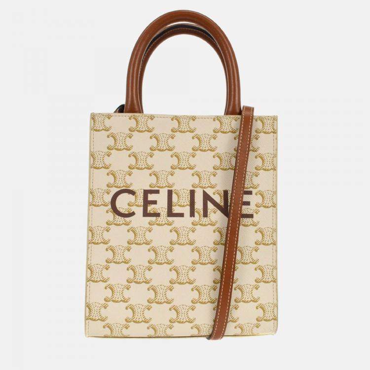 Pre Owned Celine White/Brown Mini Vertical Cabas 2way Tote Bag