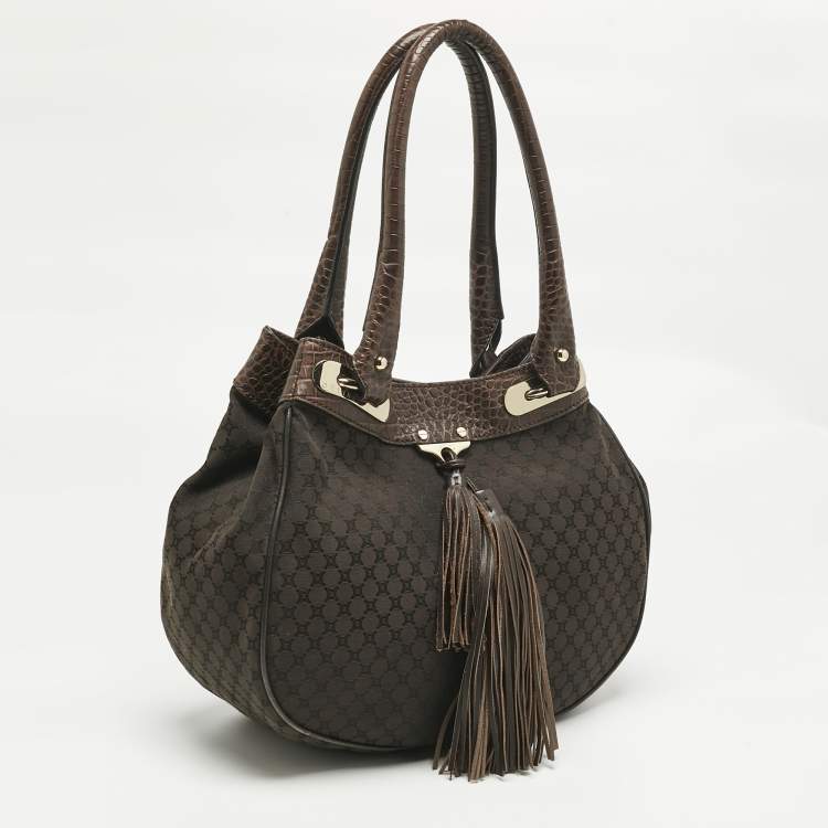 Pre Owned Celine Dark Brown Macadam Canvas and Croc Embossed Leather Shoulder Bag