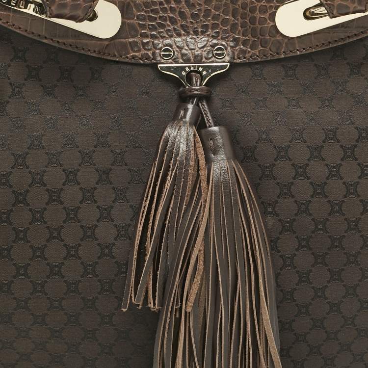 Pre Owned Celine Dark Brown Macadam Canvas and Croc Embossed Leather Shoulder Bag
