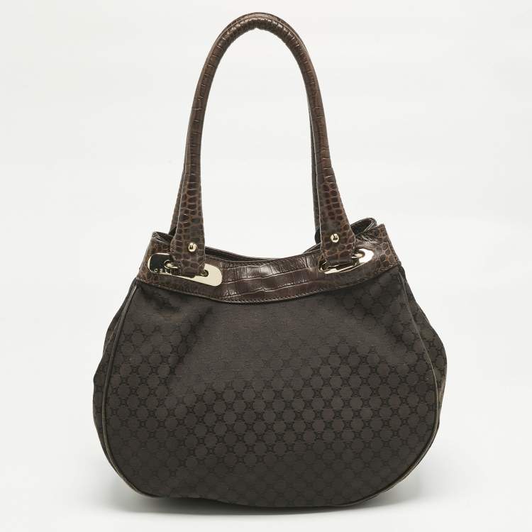 Pre Owned Celine Dark Brown Macadam Canvas and Croc Embossed Leather Shoulder Bag