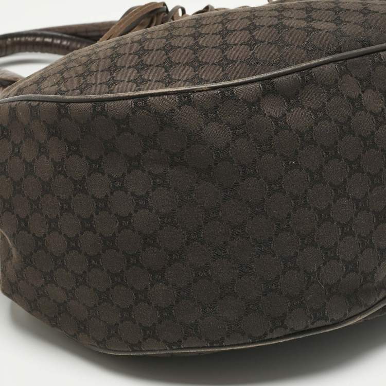 Pre Owned Celine Dark Brown Macadam Canvas and Croc Embossed Leather Shoulder Bag