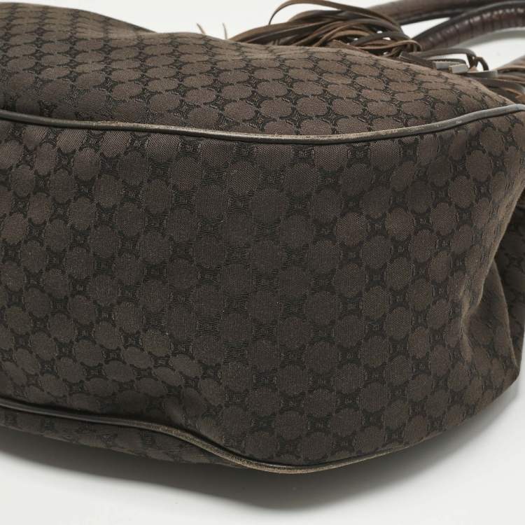 Pre Owned Celine Dark Brown Macadam Canvas and Croc Embossed Leather Shoulder Bag