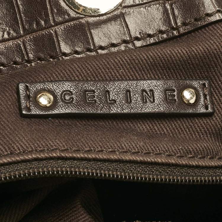 Pre Owned Celine Dark Brown Macadam Canvas and Croc Embossed Leather Shoulder Bag