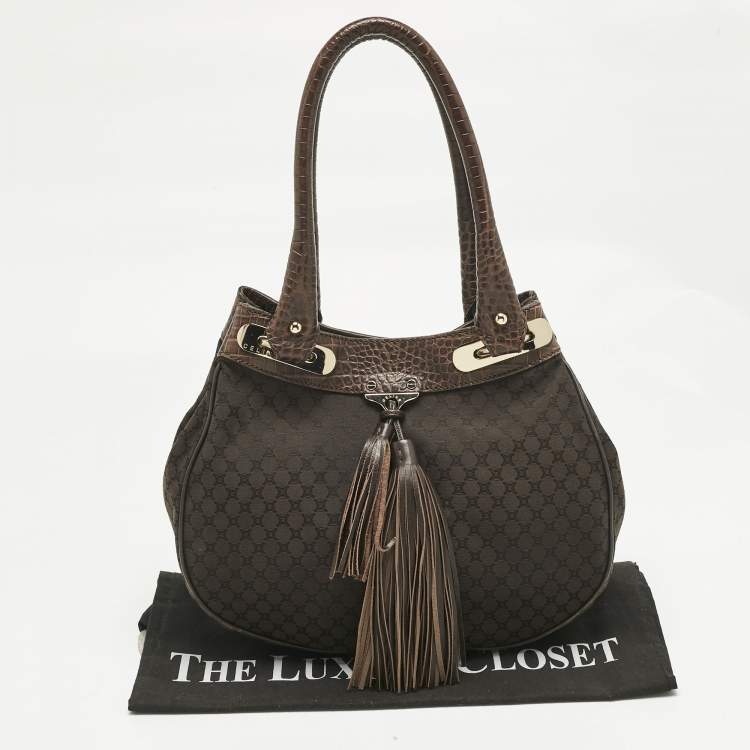Pre Owned Celine Dark Brown Macadam Canvas and Croc Embossed Leather Shoulder Bag