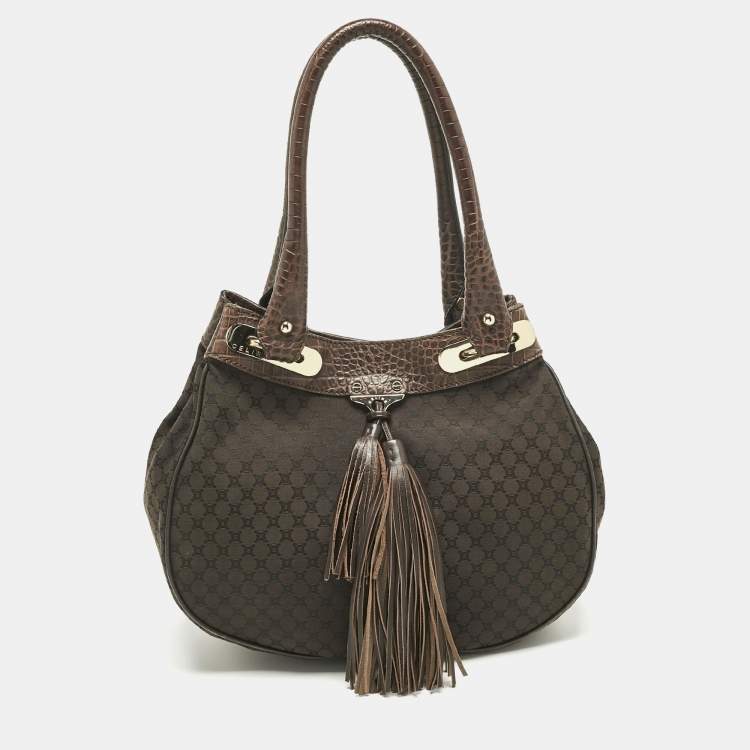 Pre Owned Celine Dark Brown Macadam Canvas and Croc Embossed Leather Shoulder Bag