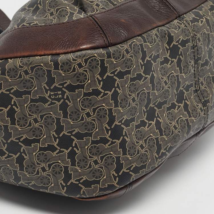 Pre Owned Celine Dark Brown Horse Carriage Coated Canvas and Leather Flap Hobo