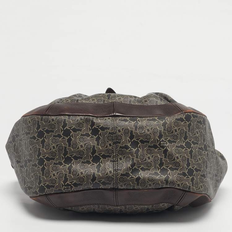 Pre Owned Celine Dark Brown Horse Carriage Coated Canvas and Leather Flap Hobo