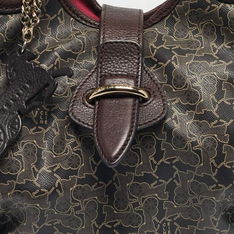 Pre Owned Celine Dark Brown Horse Carriage Coated Canvas and Leather Flap Hobo