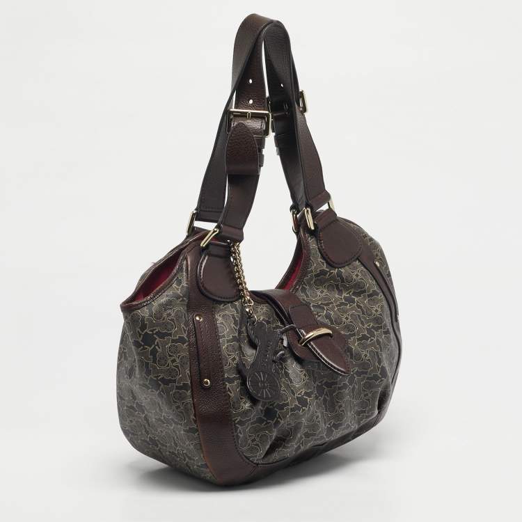 Pre Owned Celine Dark Brown Horse Carriage Coated Canvas and Leather Flap Hobo