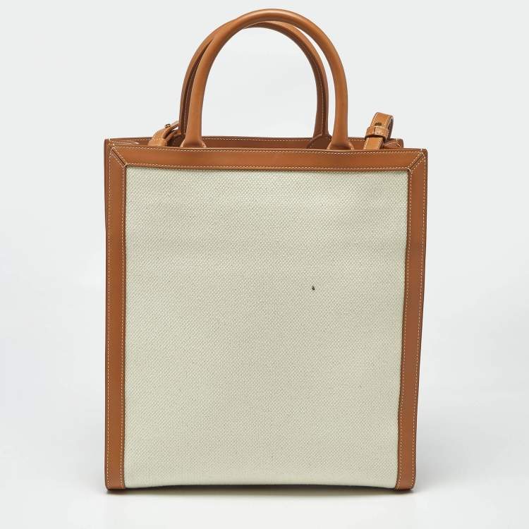 Pre Owned Celine Tan/Natural Canvas and Leather Small Vertical Cabas Tote