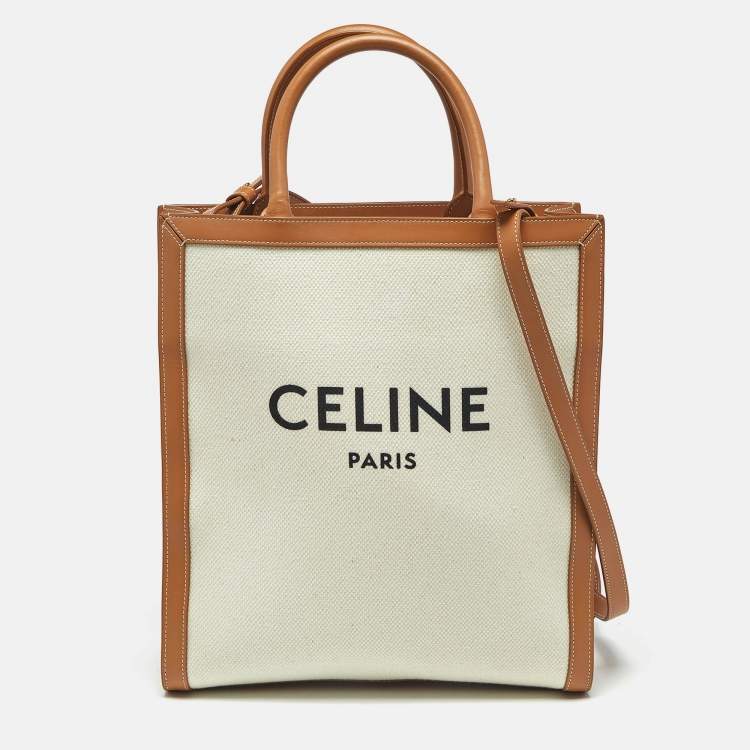 Pre Owned Celine Tan/Natural Canvas and Leather Small Vertical Cabas Tote
