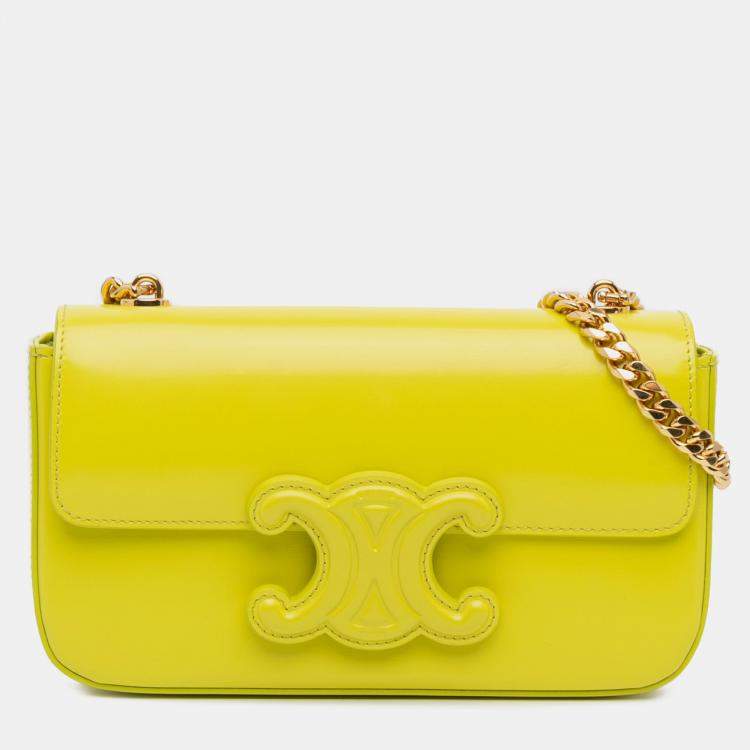 Pre Owned Celine Yellow Calfskin Cuir Triomphe Chain Shoulder Bag