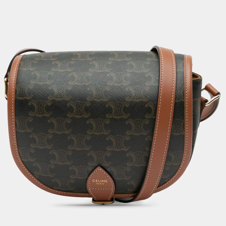 Pre Owned Celine Brown Medium Triomphe Coated Canvas Folco Crossbody