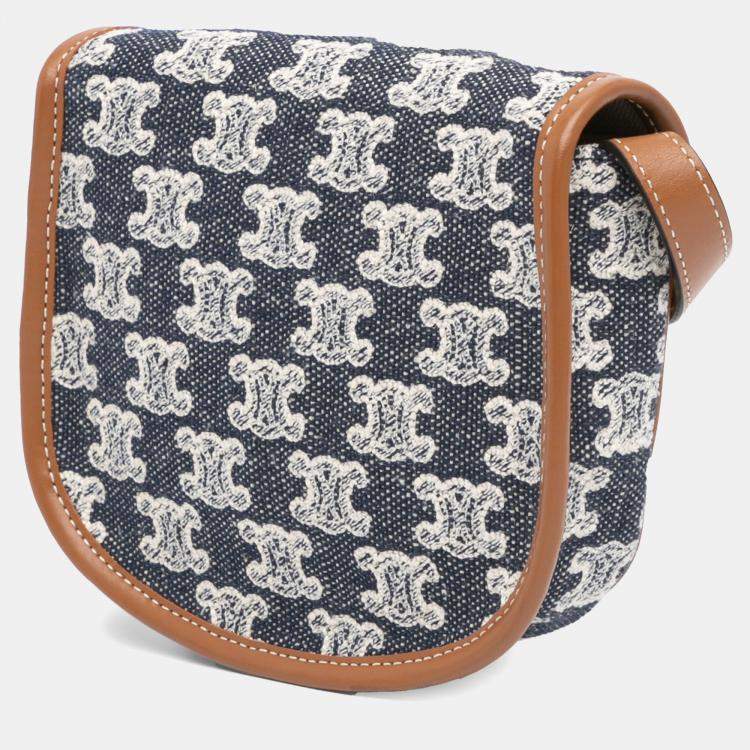 Pre Owned Celine Blue Mini Triomphe Canvas and Calfskin Besace Crossbody