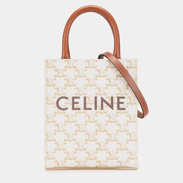 Pre Owned Celine White Mini Triomphe Coated Canvas Vertical Cabas Satchel