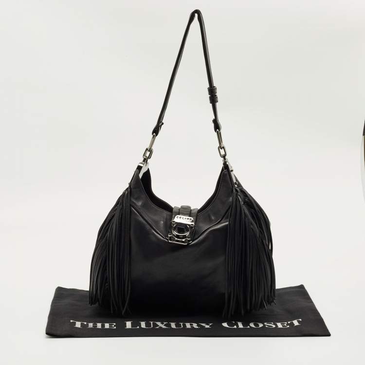 Pre Owned Celine Black Leather Fringe Dimitri Shoulder Bag