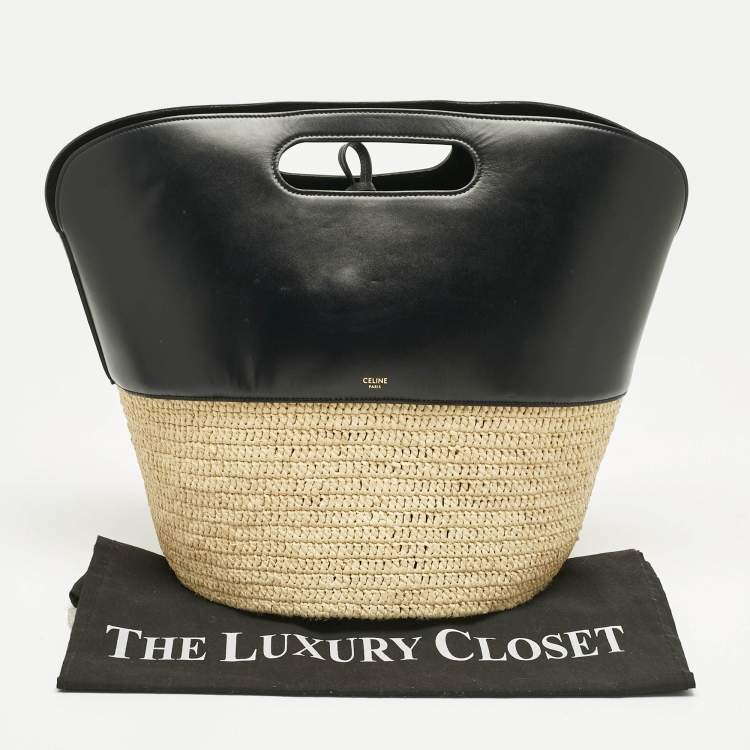 Pre Owned Celine Black/Cream Leather and Raffia Basket Bag