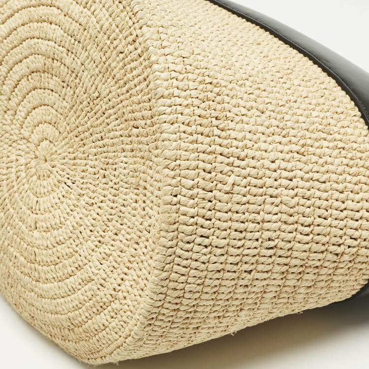 Pre Owned Celine Black/Cream Leather and Raffia Basket Bag